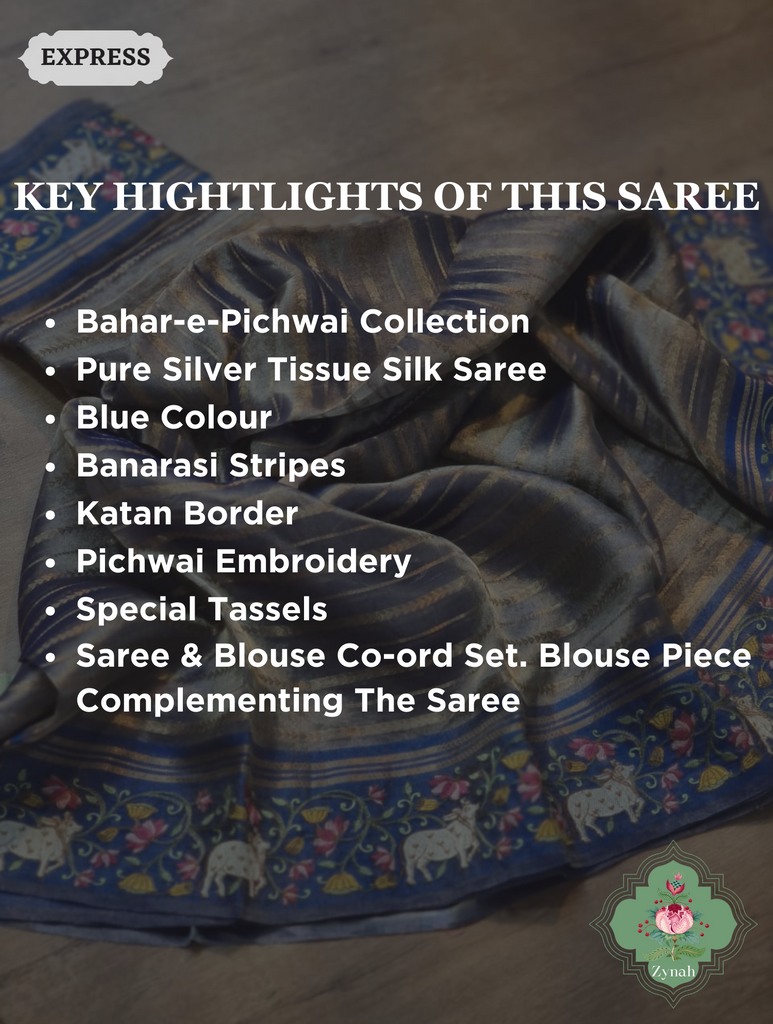 Blue Pure Silver Tissue Silk Saree With Banarasi Stripes, Katan Pallu & Pichwai Embroidery 1