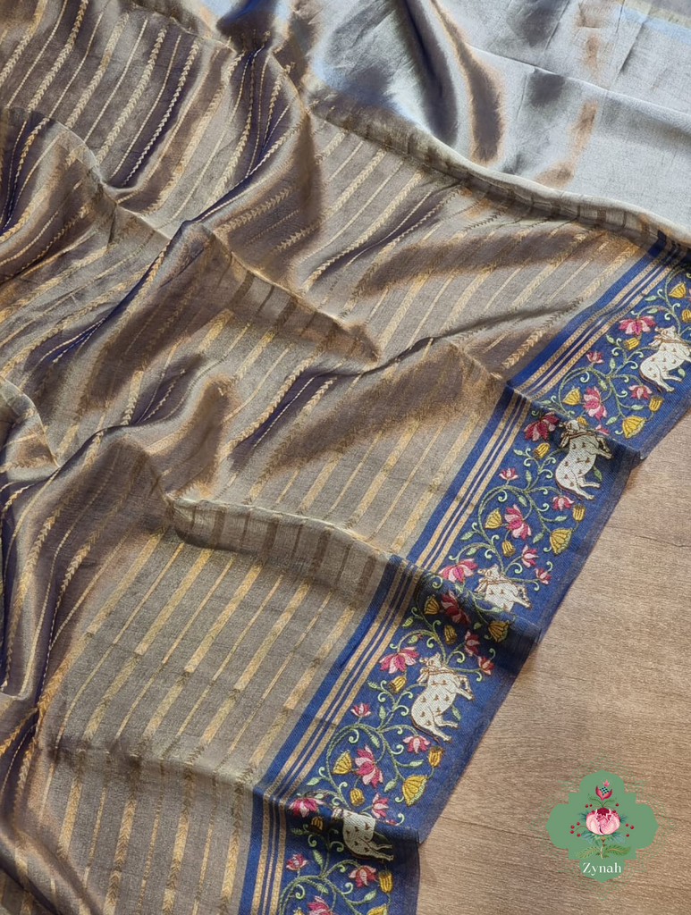 Blue Pure Silver Tissue Silk Saree With Banarasi Stripes, Katan Pallu & Pichwai Embroidery 4