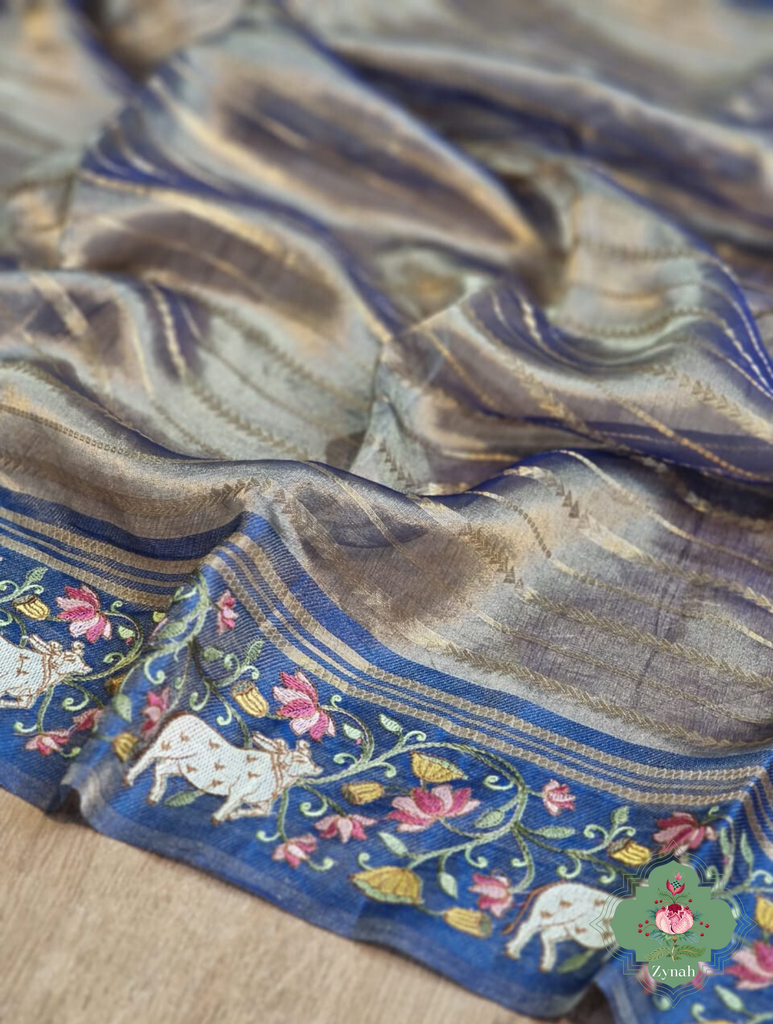 Blue Pure Silver Tissue Silk Saree With Banarasi Stripes, Katan Pallu & Pichwai Embroidery 5