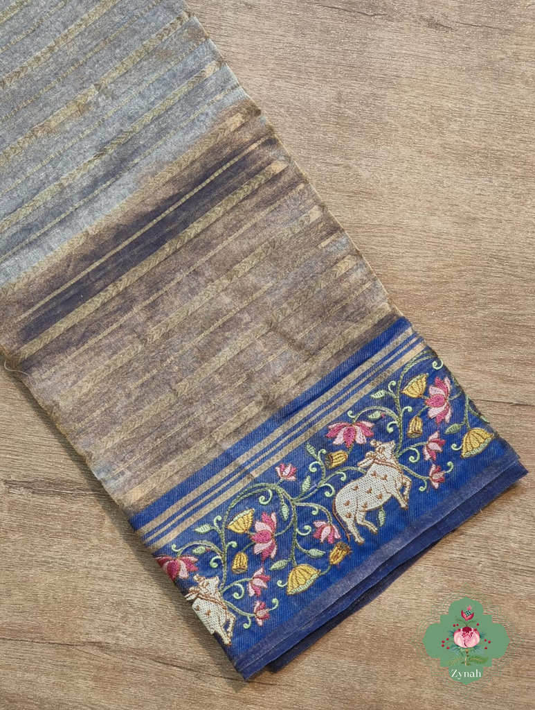 Blue Pure Silver Tissue Silk Saree With Banarasi Stripes, Katan Pallu & Pichwai Embroidery 7