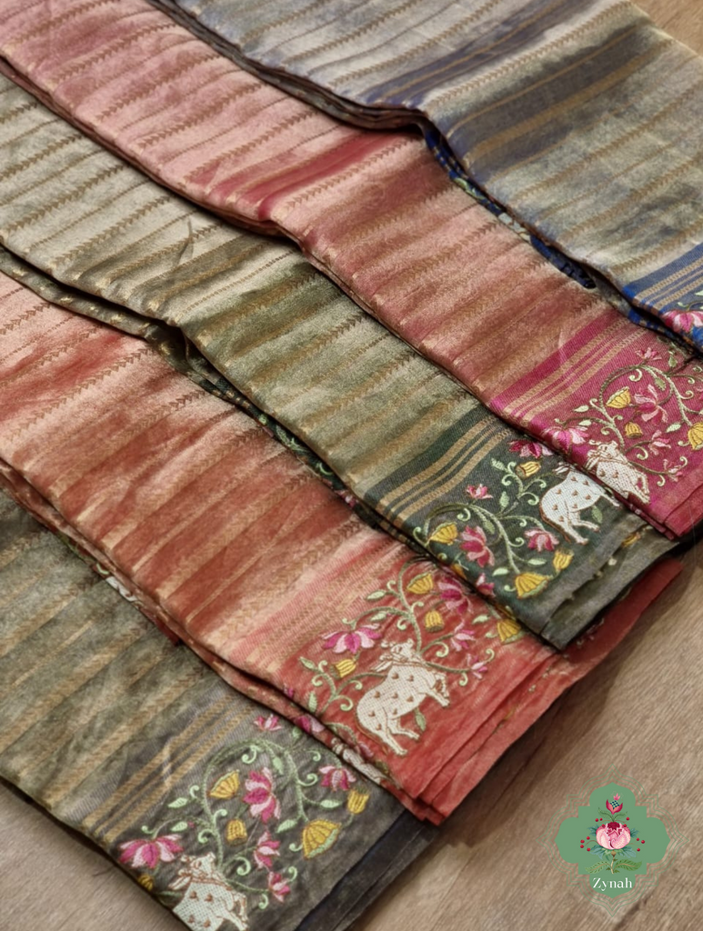 Blue Pure Silver Tissue Silk Saree With Banarasi Stripes, Katan Pallu & Pichwai Embroidery 9