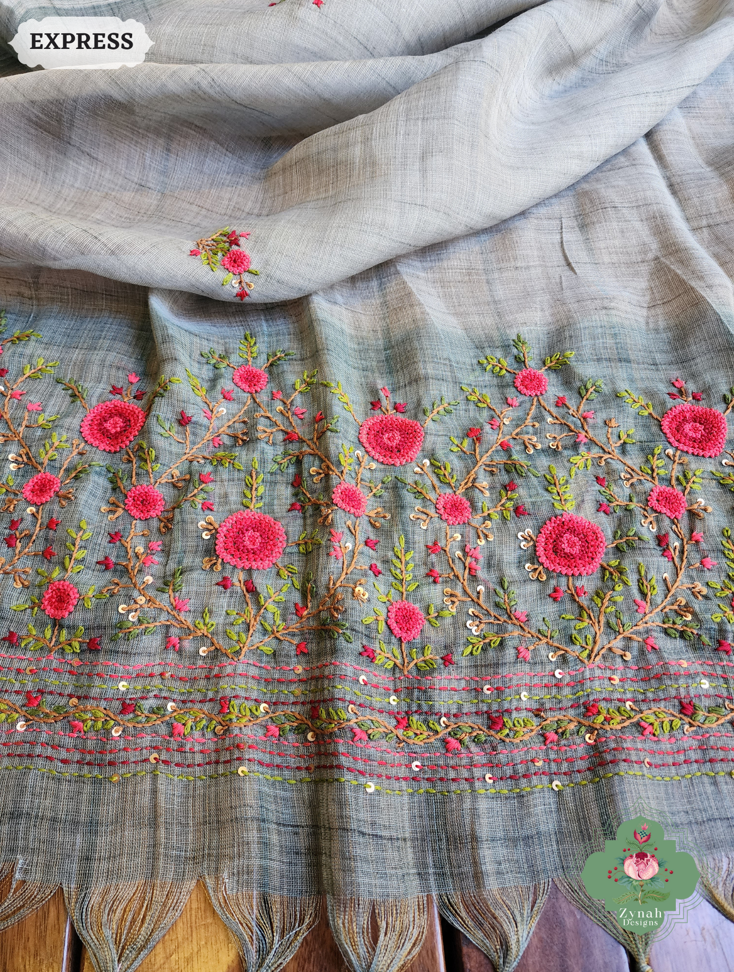 Zynah Blue Linen Tissue Saree Adorned With French-knot & Kantha Hand Embroidery; Custom Stitched/Ready-made Blouse, Fall, Petticoat; SKU: 1903202502