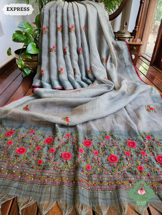 Zynah Blue Linen Tissue Saree Adorned With French-knot & Kantha Hand Embroidery; Custom Stitched/Ready-made Blouse, Fall, Petticoat; SKU: 1903202502