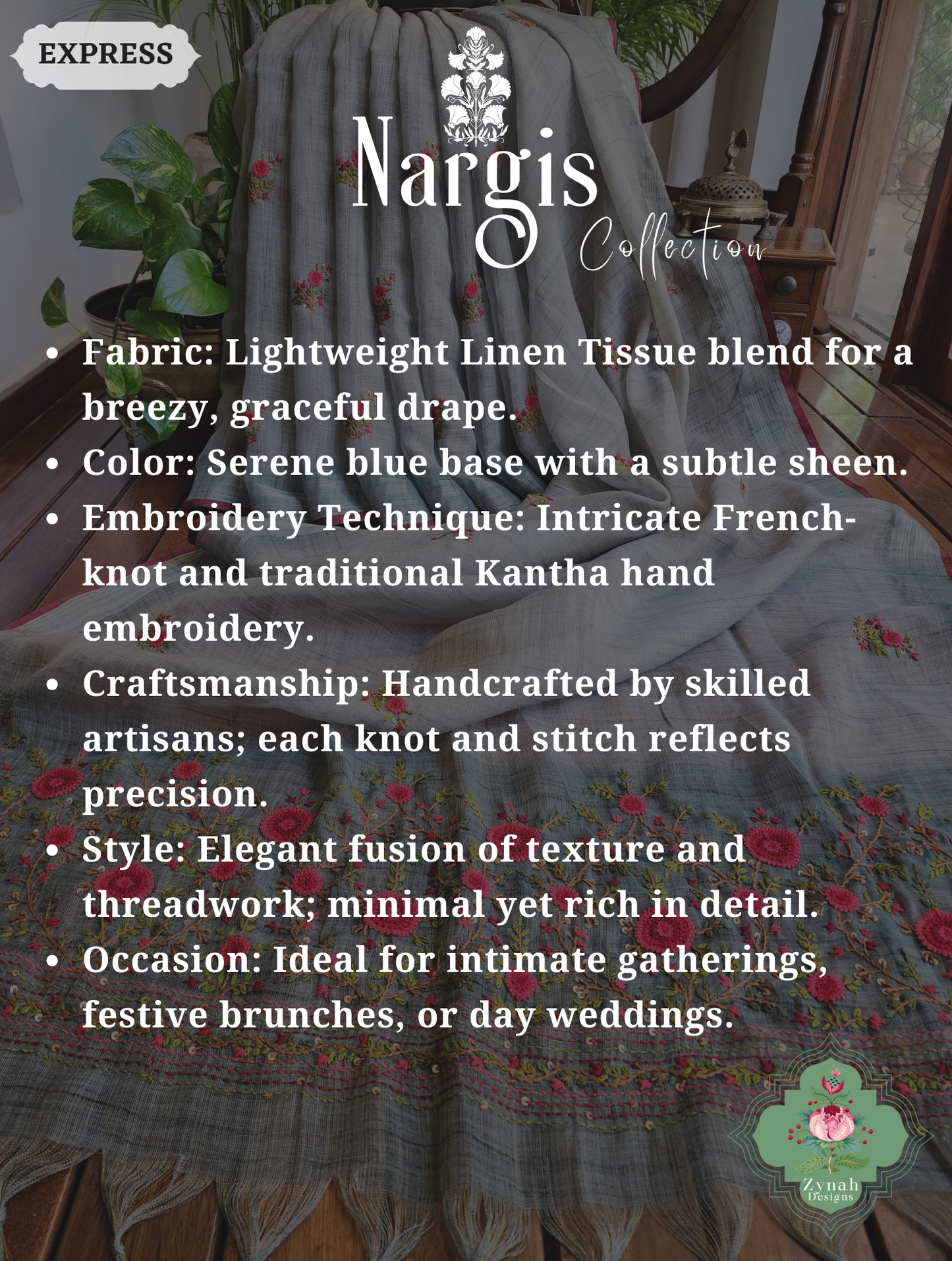 Zynah Blue Linen Tissue Saree Adorned With French-knot & Kantha Hand Embroidery; Custom Stitched/Ready-made Blouse, Fall, Petticoat; SKU: 1903202502