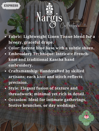 Zynah Blue Linen Tissue Saree Adorned With French-knot & Kantha Hand Embroidery; Custom Stitched/Ready-made Blouse, Fall, Petticoat; SKU: 1903202502