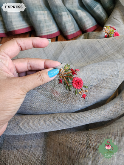 Zynah Blue Linen Tissue Saree Adorned With French-knot & Kantha Hand Embroidery; Custom Stitched/Ready-made Blouse, Fall, Petticoat; SKU: 1903202502