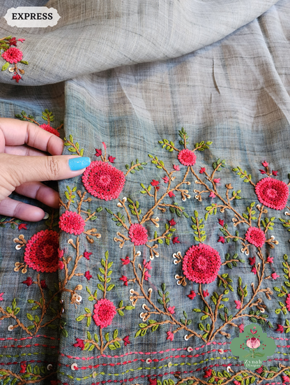 Zynah Blue Linen Tissue Saree Adorned With French-knot & Kantha Hand Embroidery; Custom Stitched/Ready-made Blouse, Fall, Petticoat; SKU: 1903202502