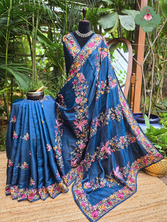 Zynah Neel-e-Gara – Blue Soft Tussar Silk Saree inspired by the Elegance of Parsi Gara