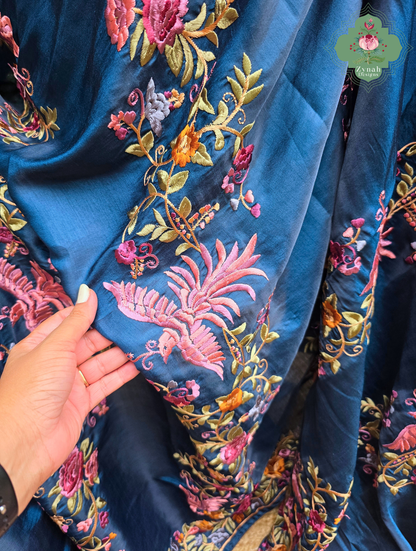 Zynah Neel-e-Gara – Blue Soft Tussar Silk Saree inspired by the Elegance of Parsi Gara