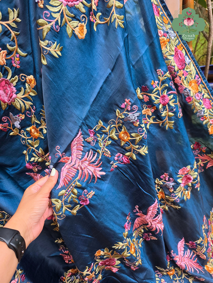 Zynah Neel-e-Gara – Blue Soft Tussar Silk Saree inspired by the Elegance of Parsi Gara