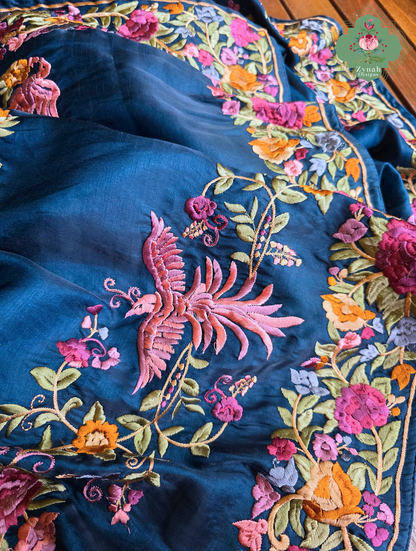 Zynah Neel-e-Gara – Blue Soft Tussar Silk Saree inspired by the Elegance of Parsi Gara