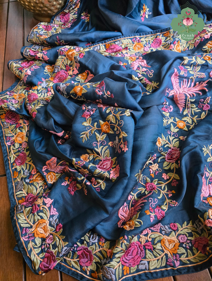 Zynah Neel-e-Gara – Blue Soft Tussar Silk Saree inspired by the Elegance of Parsi Gara