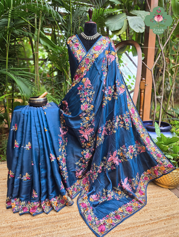 Zynah Blue Soft Tussar Silk Saree With Parsi Gara Inspired Embroidery; Custom Stitched/Ready-made Blouse, Fall, Petticoat; SKU: 2506202602