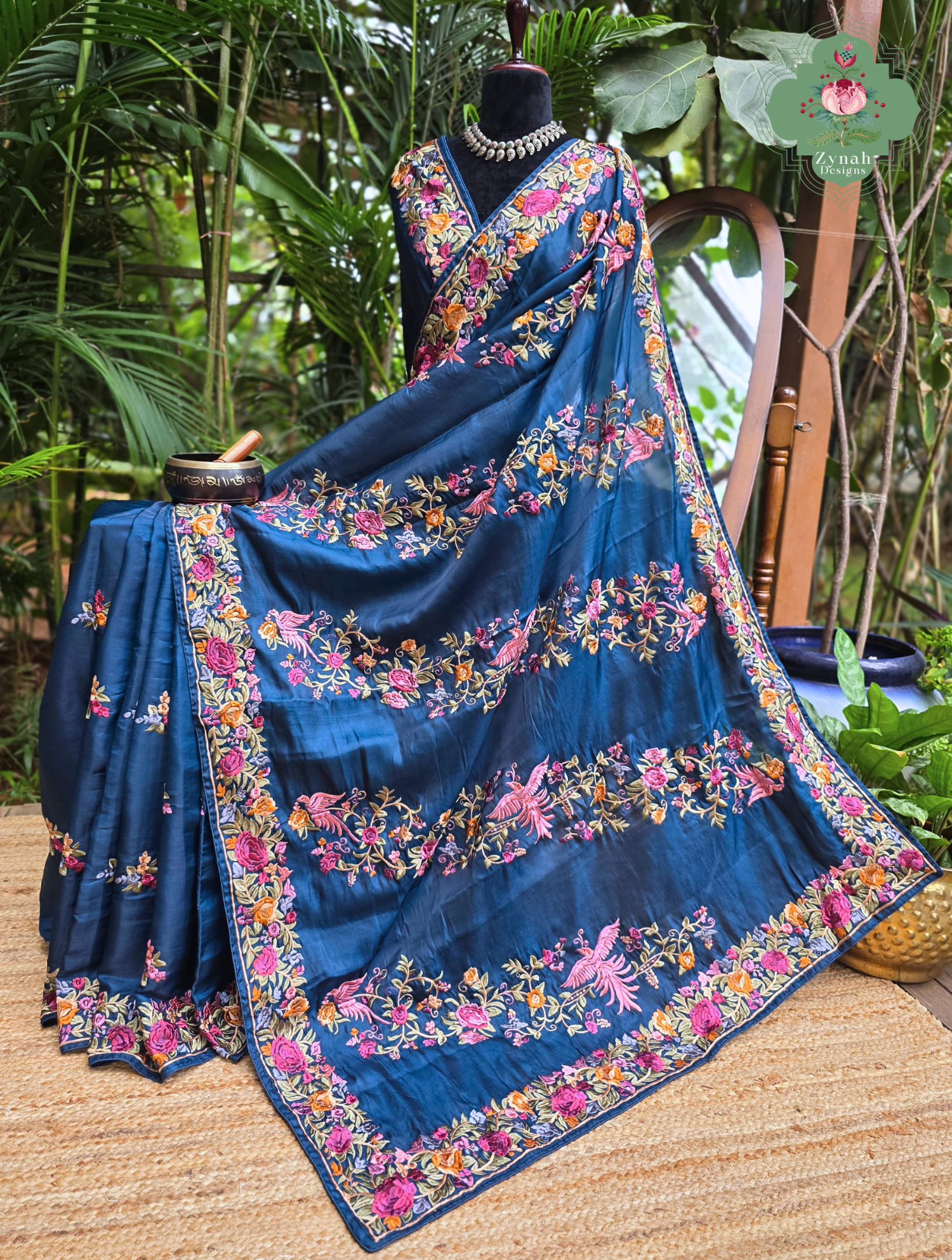 Zynah Blue Soft Tussar Silk Saree With Parsi Gara Inspired Embroidery; Custom Stitched/Ready-made Blouse, Fall, Petticoat; SKU: 2506202602