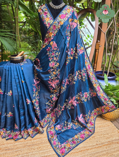 Zynah Neel-e-Gara – Blue Soft Tussar Silk Saree inspired by the Elegance of Parsi Gara
