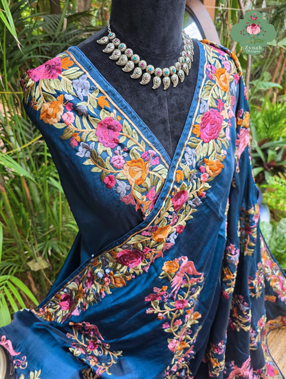 Zynah Neel-e-Gara – Blue Soft Tussar Silk Saree inspired by the Elegance of Parsi Gara