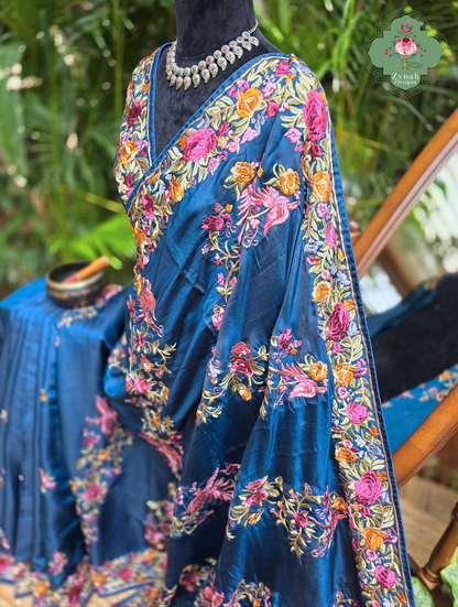 Zynah Neel-e-Gara – Blue Soft Tussar Silk Saree inspired by the Elegance of Parsi Gara