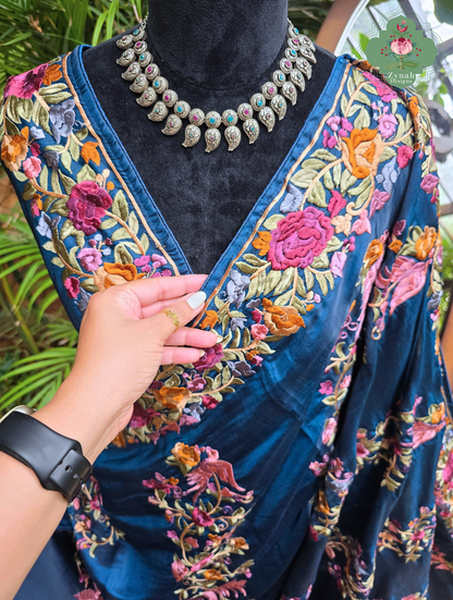 Zynah Neel-e-Gara – Blue Soft Tussar Silk Saree inspired by the Elegance of Parsi Gara