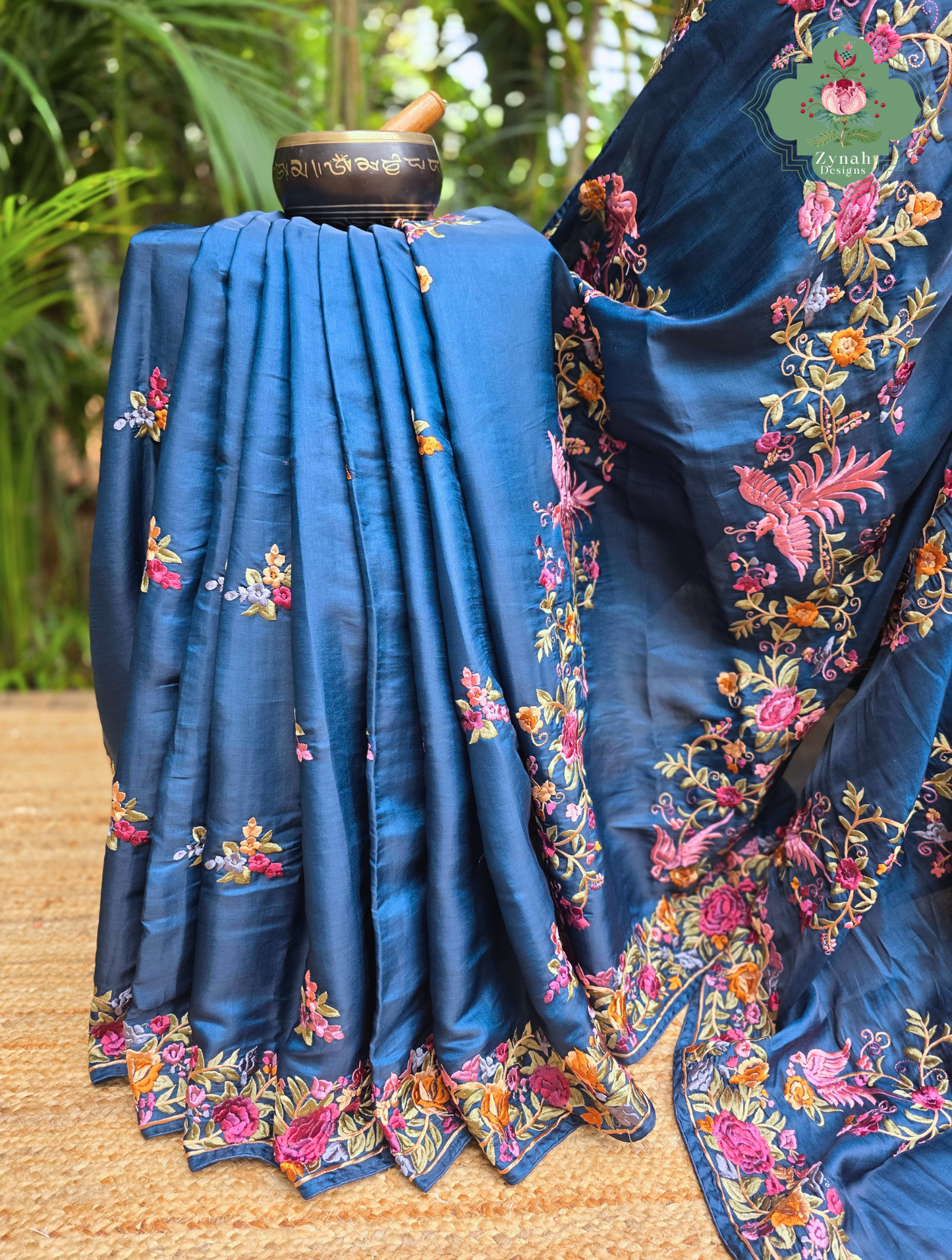 Zynah Neel-e-Gara – Blue Soft Tussar Silk Saree inspired by the Elegance of Parsi Gara