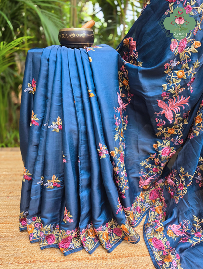 Zynah Neel-e-Gara – Blue Soft Tussar Silk Saree inspired by the Elegance of Parsi Gara