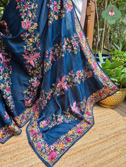 Zynah Neel-e-Gara – Blue Soft Tussar Silk Saree inspired by the Elegance of Parsi Gara