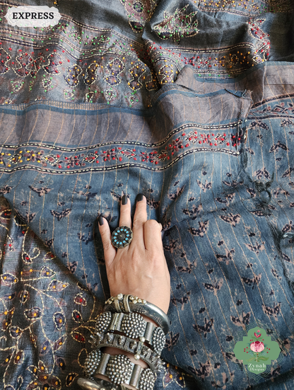 Zynah Bluish Grey Pure Tussar Silk Hand Block Print Ajrakh Saree With Hand Embroidery; Custom Stitched/Ready-made Blouse, Fall, Petticoat; SKU: 2409202503