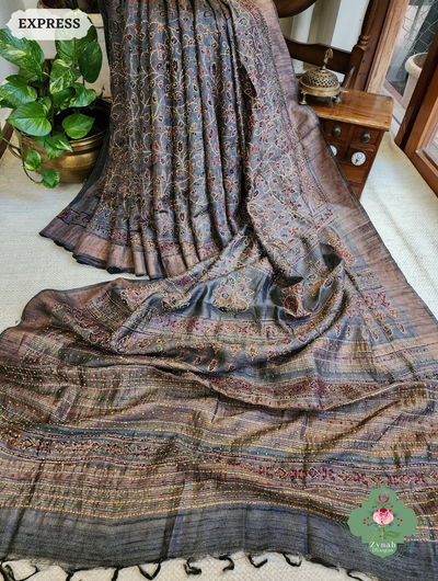 Zynah Bluish Grey Pure Tussar Silk Hand Block Print Ajrakh Saree With Hand Embroidery; Custom Stitched/Ready-made Blouse, Fall, Petticoat; SKU: 2409202503