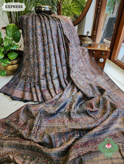 Zynah Bluish Grey Pure Tussar Silk Hand Block Print Ajrakh Saree With Hand Embroidery; Custom Stitched/Ready-made Blouse, Fall, Petticoat; SKU: 2409202503