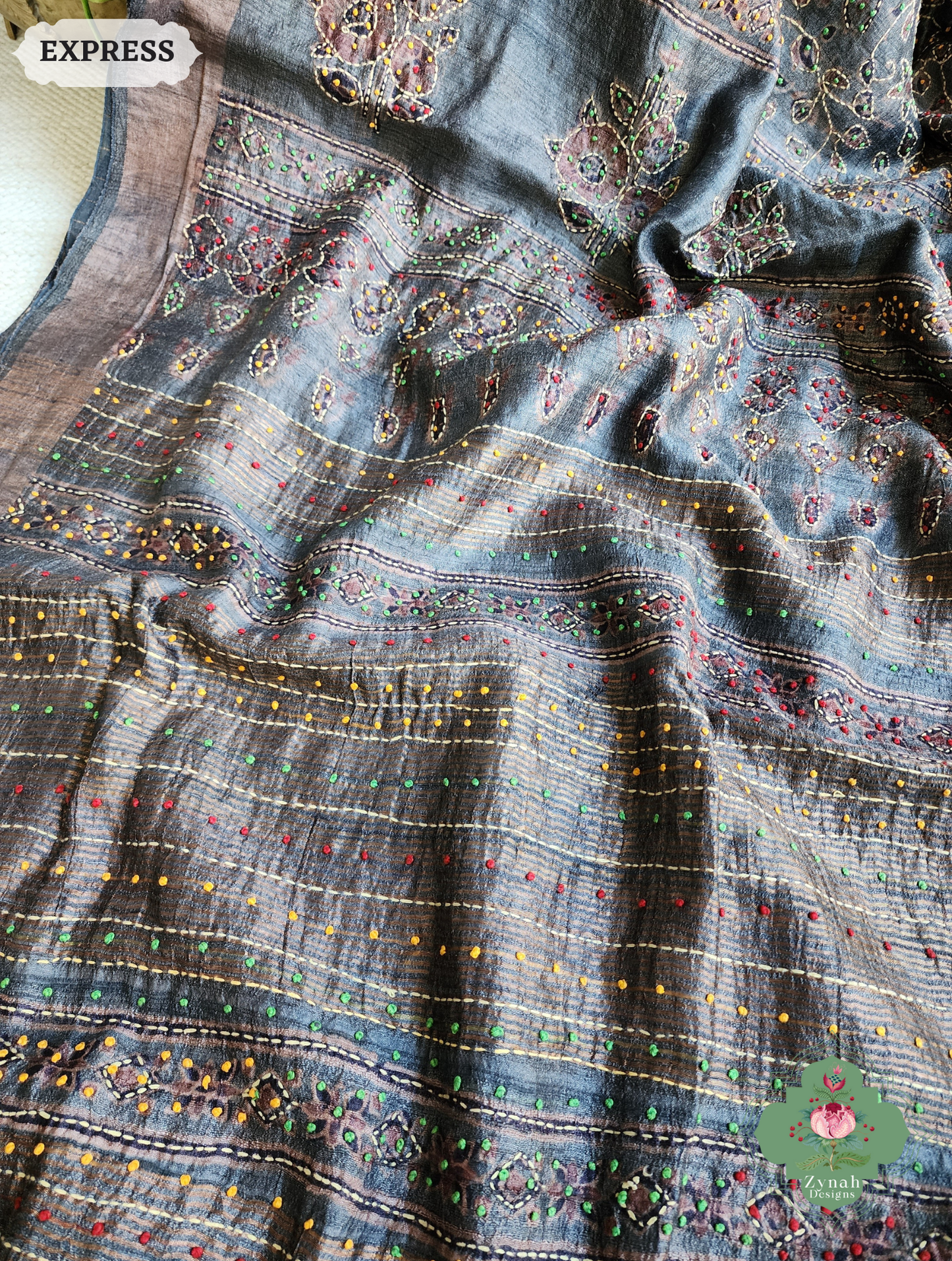 Zynah Bluish Grey Pure Tussar Silk Hand Block Print Ajrakh Saree With Hand Embroidery; Custom Stitched/Ready-made Blouse, Fall, Petticoat; SKU: 2409202503