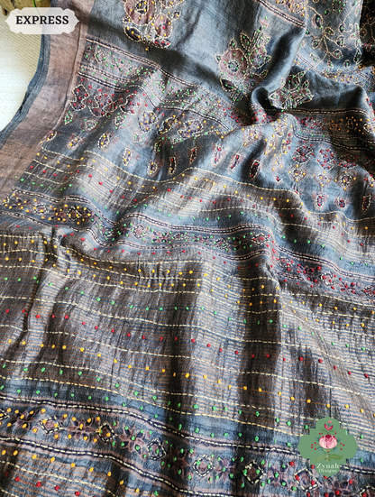 Zynah Bluish Grey Pure Tussar Silk Hand Block Print Ajrakh Saree With Hand Embroidery; Custom Stitched/Ready-made Blouse, Fall, Petticoat; SKU: 2409202503
