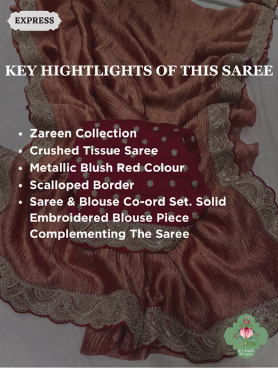 Metallic Blush Red Crushed Tissue Saree With Scalloped Border 2