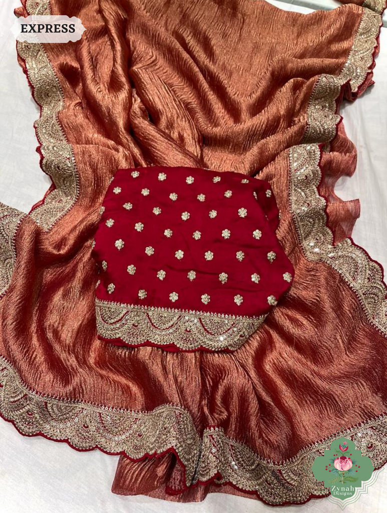 Metallic Blush Red Crushed Tissue Saree With Scalloped Border 3