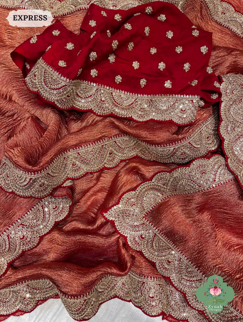 Metallic Blush Red Crushed Tissue Saree With Scalloped Border 4