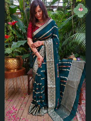 Zynah Bottle Green Organza Crepe Silk Saree With Zari Borders & Stripes & French Knot Hand Embroidery; Custom Stitched/Ready-made Blouse, Fall, Petticoat; SKU: 1006202602