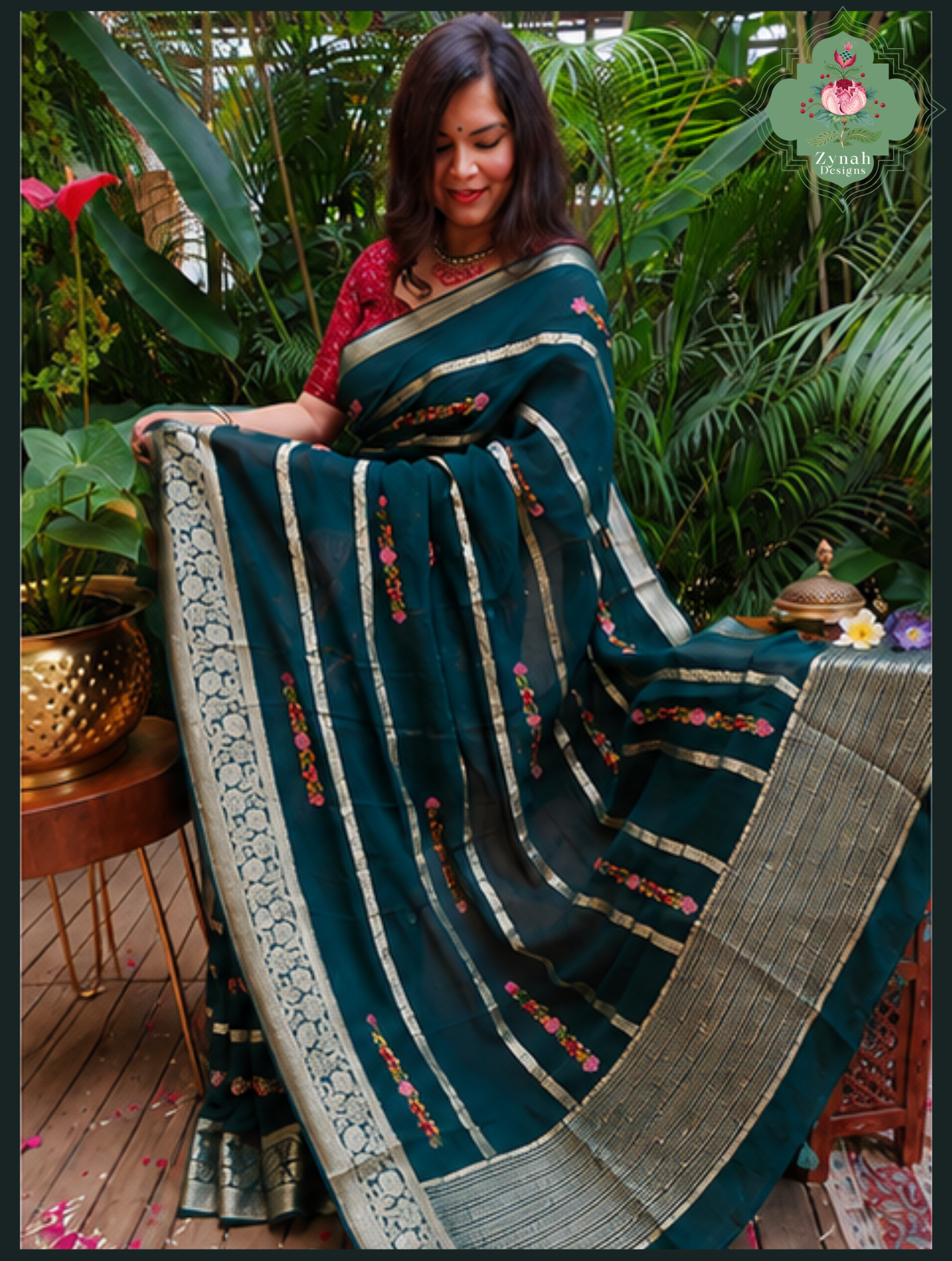 Zynah Bottle Green Organza Crepe Silk Saree With Zari Borders & Stripes & French Knot Hand Embroidery; Custom Stitched/Ready-made Blouse, Fall, Petticoat; SKU: 1006202602