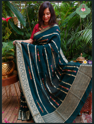 Zynah Bottle Green Organza Crepe Silk Saree With Zari Borders & Stripes & French Knot Hand Embroidery; Custom Stitched/Ready-made Blouse, Fall, Petticoat; SKU: 1006202602