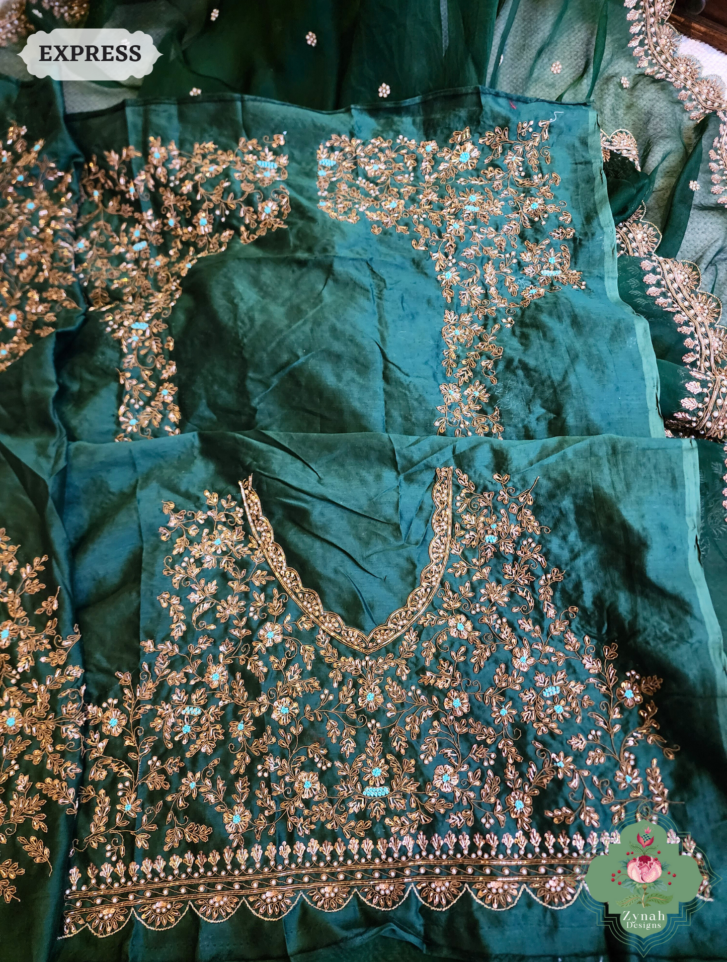 Bottle Green Organza Silk Saree With Zardozi & Maggam Hand Embroidery 1