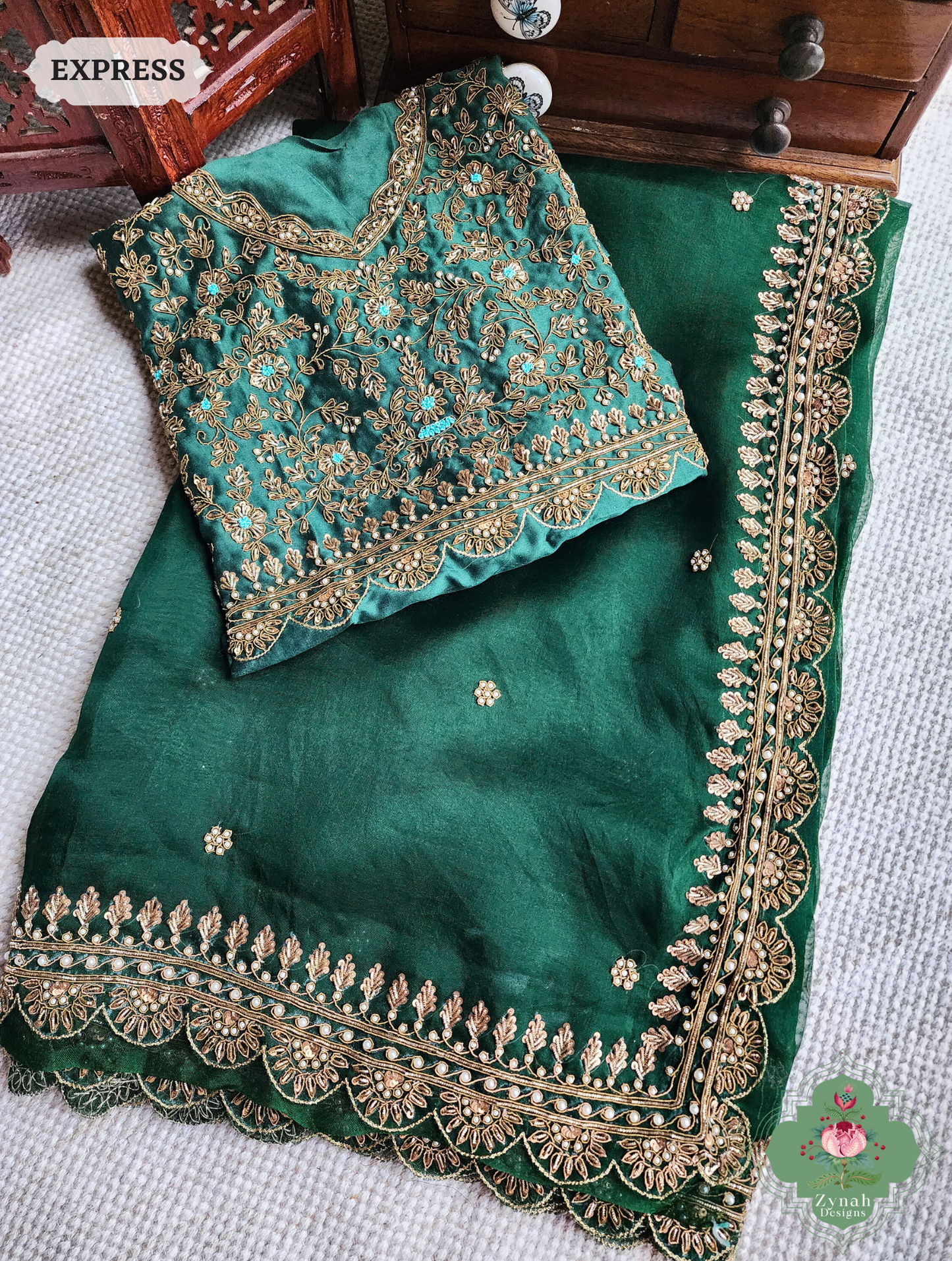 Bottle Green Organza Silk Saree With Zardozi & Maggam Hand Embroidery 13