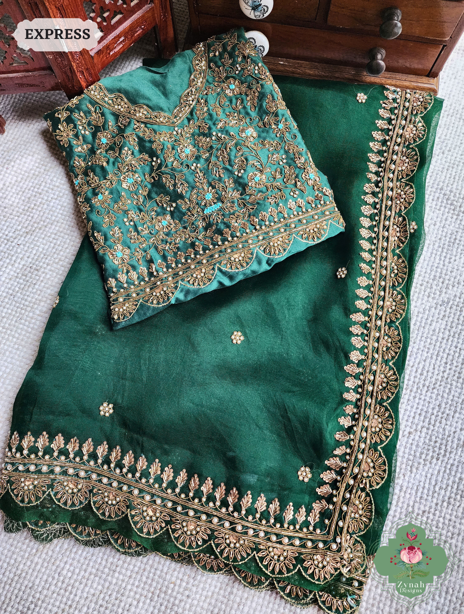 Bottle Green Organza Silk Saree With Zardozi & Maggam Hand Embroidery 13