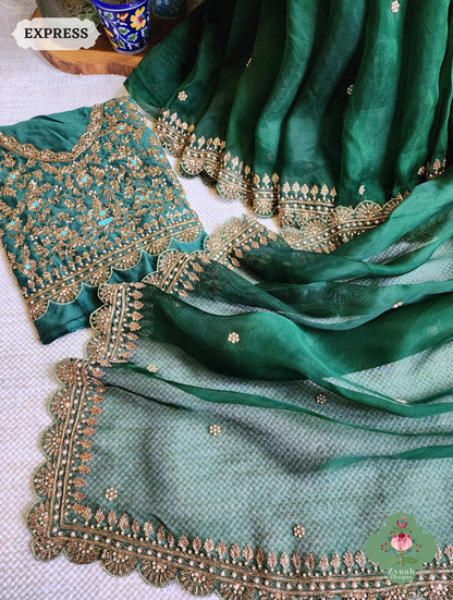 Bottle Green Organza Silk Saree With Zardozi & Maggam Hand Embroidery 3