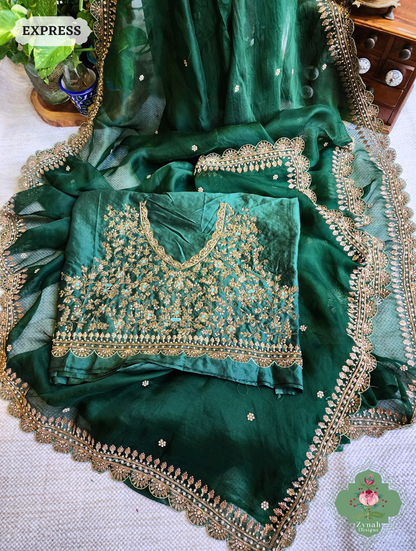 Bottle Green Organza Silk Saree With Zardozi & Maggam Hand Embroidery 9