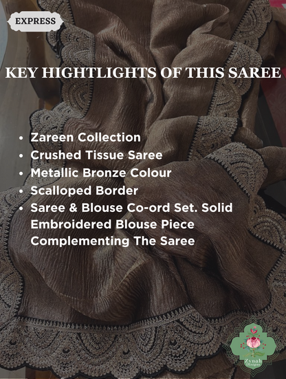 Metallic Bronze Crushed Tissue Saree With Scalloped Border 2