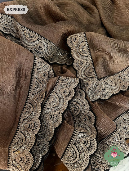 Metallic Bronze Crushed Tissue Saree With Scalloped Border 3