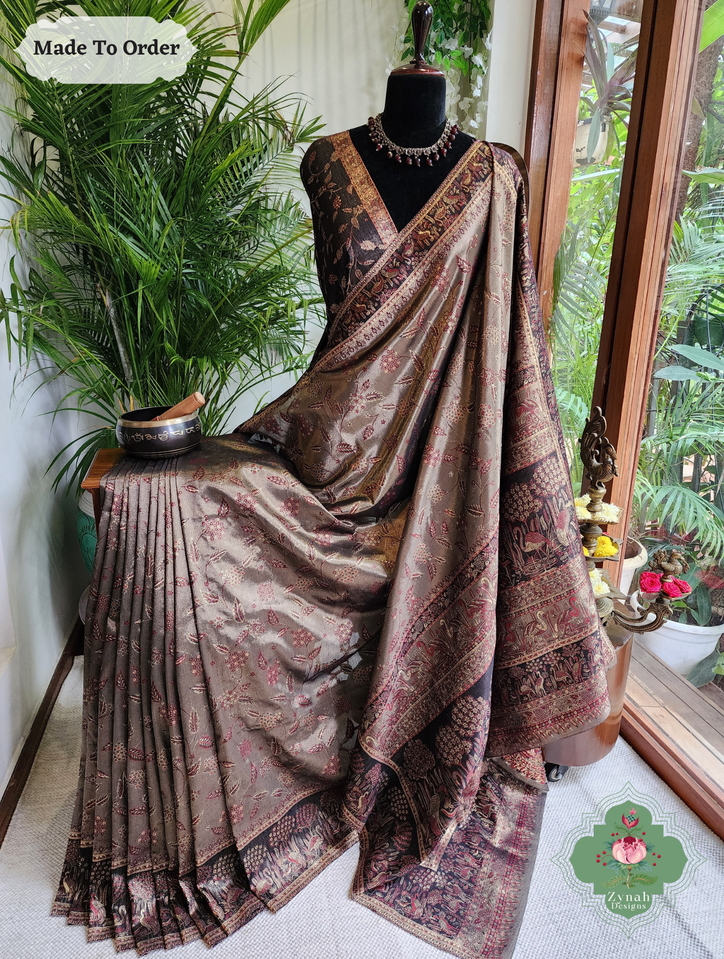 Zynah Soz-e-Zar – Bronze Handwoven Kashmiri Pure Kani Tissue Silk Jamavar Saree