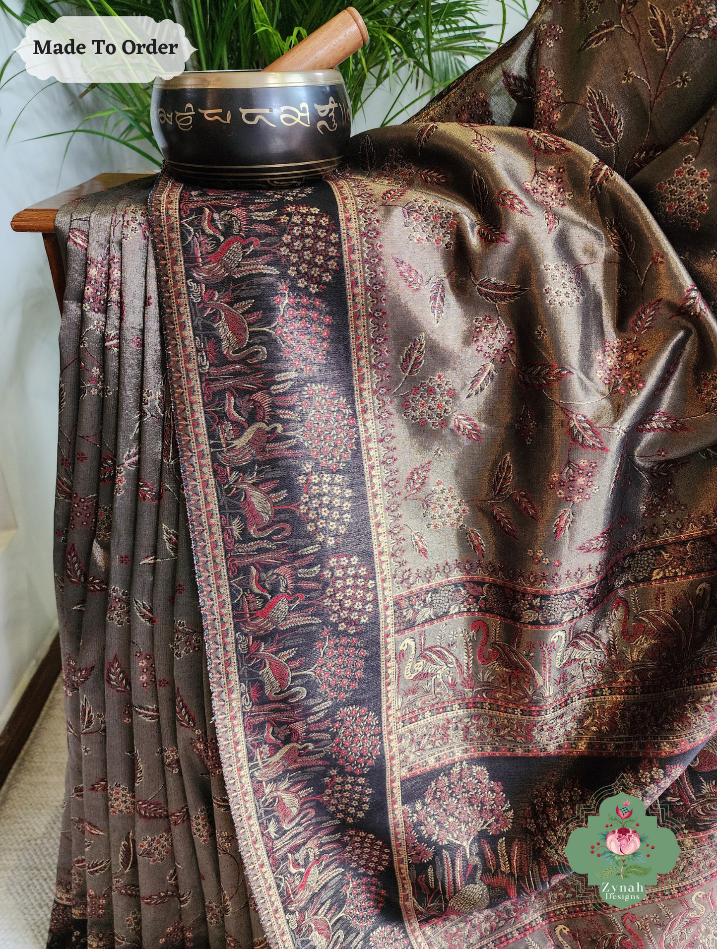 Zynah Soz-e-Zar – Bronze Handwoven Kashmiri Pure Kani Tissue Silk Jamavar Saree