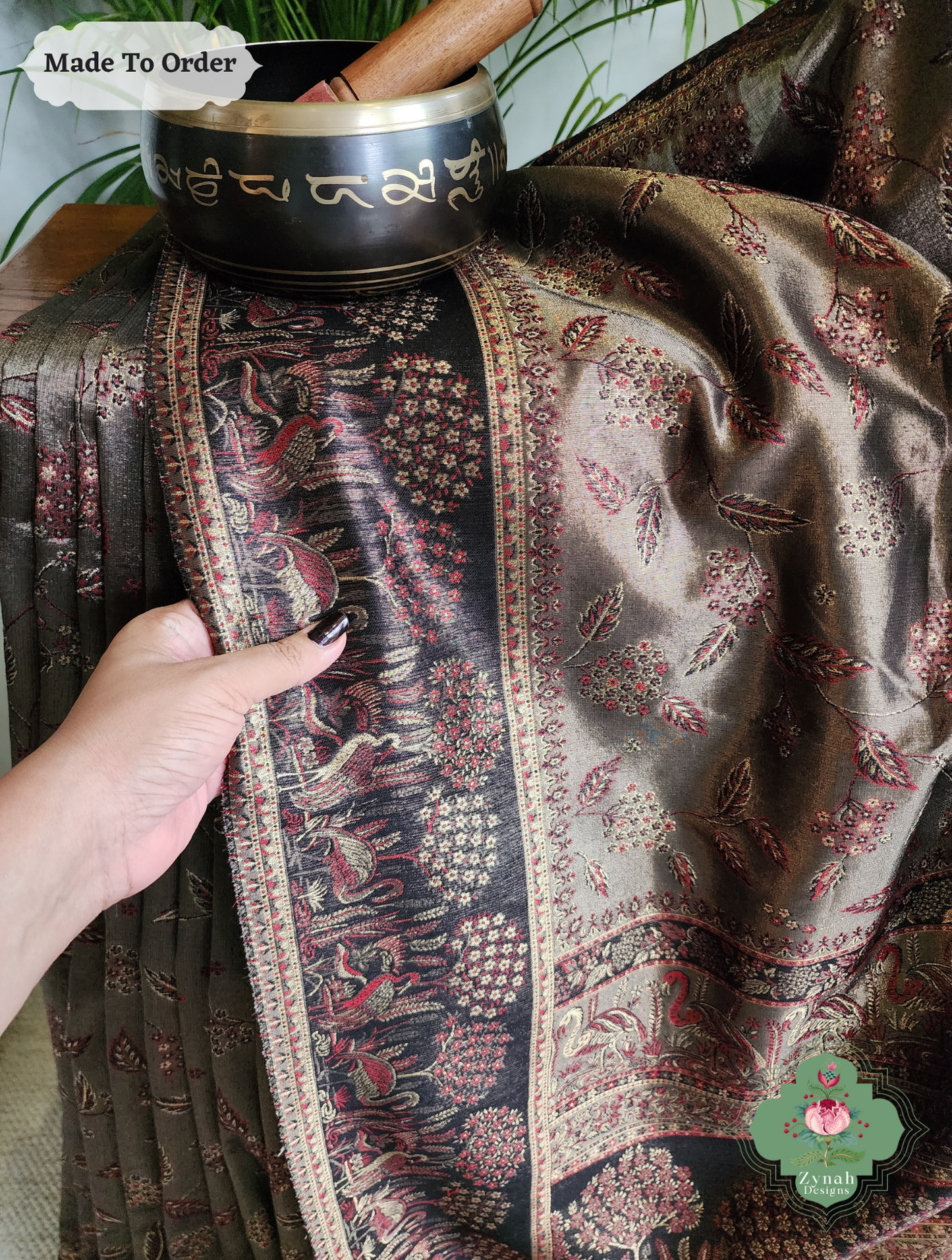 Zynah Soz-e-Zar – Bronze Handwoven Kashmiri Pure Kani Tissue Silk Jamavar Saree