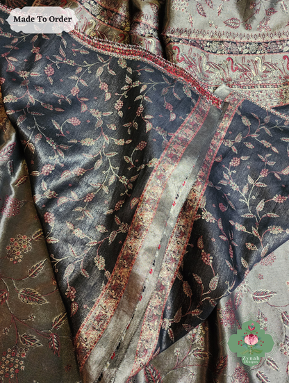 Zynah Soz-e-Zar – Bronze Handwoven Kashmiri Pure Kani Tissue Silk Jamavar Saree
