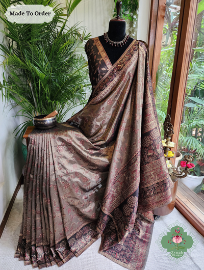 Zynah Made To Order Bronze Handwoven Kashmiri Pure Kani Tissue Silk Jamavar Saree; Custom Stitched/Ready-made Blouse, Fall, Petticoat; SKU: 0110202510