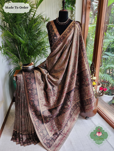 Zynah Made To Order Bronze Handwoven Kashmiri Pure Kani Tissue Silk Jamavar Saree; Custom Stitched/Ready-made Blouse, Fall, Petticoat; SKU: 0110202510