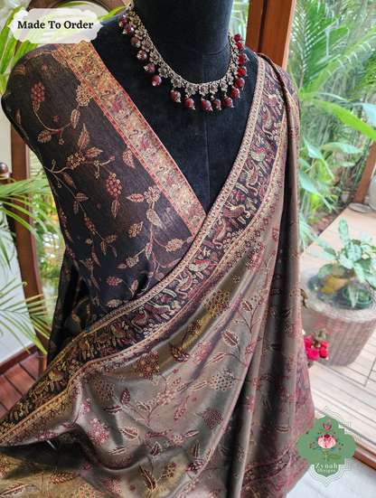 Zynah Soz-e-Zar – Bronze Handwoven Kashmiri Pure Kani Tissue Silk Jamavar Saree